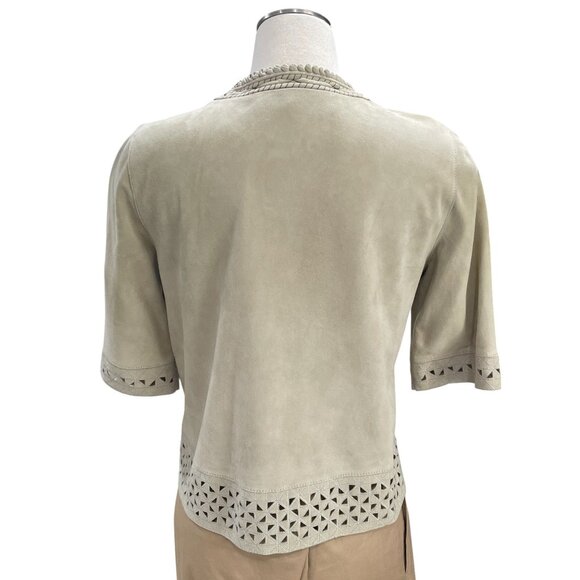 Elie Tahari Suede Embroidered Top Small Laser Cut Boho Western Luxe Beige - Picture 11 of 14